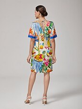preiswerte Blumenkleider-Minikleid mit geradem V-Ausschnitt und Fruchtblumenmuster