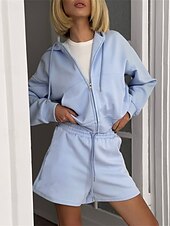 baratos Agasalhos Femininos-Mulheres Moda Roupa de rua Moletom Conjuntos de shorts Manga Longa Com Capuz Tecido Zíper Roupa Diária Encontro Branco Rosa Azul Verão Normal