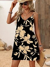 preiswerte Blumenkleid-Damen Minikleid Sommerkleid A Linie Kleid Unterkleid Urlaub Lässig Outdoor Party Täglich Normale Passform Blumen Grafik Abstrakt Ärmellos V Ausschnitt Schwarz Sommer Frühling
