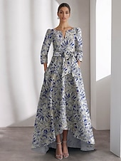 baratos Vestidos de Cocktail-vestido jacquard floral azul, vestidos de coquetel em linha A, vestido formal de gala com gravata preta, manga 3/4, decote em V com bolso, 2025