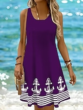 billige Stripete og geometriske kjoler-Dame Mini kjole Solkjole Kjole med A-linje Off The Shoulder-kjole Ferie Fritid Bohem Ferie Strand Normal Grafisk Geometrisk Stripe Ermeløs Crew-hals Øsehals Svart Hvit Gul Rosa Sommer Vår