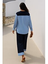 abordables Ensembles chemisiers pour femmes-Femmes Élégant ancien Quotidien Ensembles de Pantalons manche longue Col rond Rayé Patchwork Vacances Travail Occasionnel Bleu Printemps Coupe Ample