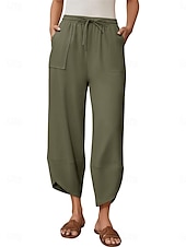 economico Pantaloni in lino e cotone semplici-Per donna Pantaloni in cotone e lino Chinos Moda Essenziale Lunghezza intera Vita Alta Semplice Tasca Coulisse Comodità All&#039;aperto Micro-elastico Vacanza Streetwear Quotidiano Esercito verde Nero Blu