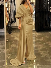 cheap YELLOW-Sheath Evening Gown Elegant Dress Formal Sweep / Brush Train Half Sleeve V Neck Satin with Pleats Ruched Crystals