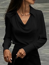 cheap Dressy Tops-Women&#039;s Shirt Solid Color Plain Elegant Vintage Tropical Long Sleeve Cowl Neck Shirt Collar Regular Tops Work Daily Semi Formal Ruched Black White Dusty Rose Blue Summer Spring