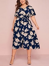 ieftine Rochii-Pentru femei Mărime Plus Rochie casual Floral În V Manșon scurt Vară Primăvară Elegant Modă Modern Casual Rochii Midi Zilnic Concediu Rochie