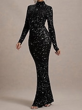 economico Abiti da sera a tubino-Abito da sera elegante in velluto dorato con paillettes a sirena  tromba lungo maniche lunghe collo a finto collo con glitter