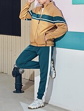 economico giacca sportiva-Per uomo Giacca Leggera Giacca Casual Set Vacanza Quotidiano Tasca 2 Pezzi Primavera Autunno Blocco di colori Moda Classico Collo alla coreana Regolare Nero Verde Cachi Giacca