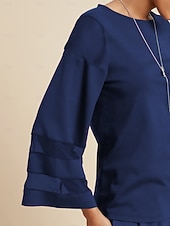 billiga Tvådelade set-Dam Vardaglig stil Chiffong Huvudstad Enfärgad / vanlig färg Dagliga kläder Datum Utekväll Illusion ärm Svart Vit Marinblå Crewneck Ren färg Ledig Långärmad Elegant Ledigt vardag Rund hals Vår