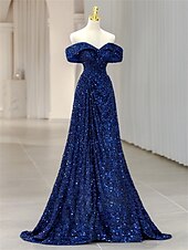 preiswerte BLAU-A-Linie Meerjungfrauenschnitt Abendkleid Elegant Kleid Formell Hochzeit Bodenlang Ärmellos Schulterfrei Paillettenbesetzt Rückenfrei mit Falten Paillette 2025