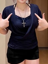 levne Krajkové topy-Dámské Krajková košile Pevná barva stylové Moderní Krátký rukáv Krk ohlávky Běžné topy Denní Dovolená Krajka Slátanina Černá Námořnická modř Fialová Léto