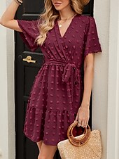 preiswerte Weißes Kleid-Damen Minikleid A Linie Kleid Sommerkleid Lässig Täglich Normale Passform Einfach Kurzarm V Ausschnitt Wein Sommer