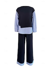 abordables Ensembles chemisiers pour femmes-Femmes Élégant ancien Quotidien Ensembles de Pantalons manche longue Col rond Rayé Patchwork Vacances Travail Occasionnel Bleu Printemps Coupe Ample