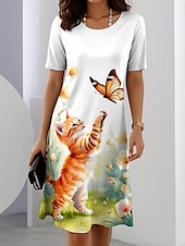 cheap Animals Dress-Women&#039;s Mini Dress T Shirt Dress Tee Dress Shift Dress Summer Dress Vacation Casual Daily Regular Fit Graphic Animal Cat Short Sleeve Crewneck Yellow Blue Green Summer Spring
