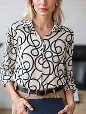 abordables Hauts d&#039;Art et de Design pour Femmes-Femmes Chemisier Hauts Élégants Hauts en mousseline de soie Géométrique Bloc de Couleur Élégant Quotidien Travail manche longue Col de chemise Hauts Réguliers Travail Quotidien Boutons Imprimé Noir