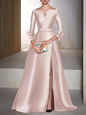 abordables Vestidos de Noche en A-Corte A Hasta el Suelo Vestidos de noche Corte Cenicienta Vestimenta formal Elegante Sedoso Manga 3/4 Escote en Pico Invitado a la boda Fiesta de Cóctel Satén con Abertura