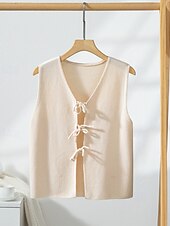 cheap Sweater Vest-Women&#039;s Sweater Vest Fashion Solid Color Ribbed V Neck Knitted Sleeveless Regular Tops Knit Holiday Going out Weekend Apricot Fall