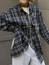 abordables Tops à Rayures et Géométriques pour Femmes-Femmes Chemise Plaid Quotidien Élégant Basique manche longue Col de chemise Hauts Réguliers Travail Quotidien Fête Boutons Vert Véronèse bleu marine Marron Printemps Automne