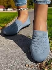 levne Dámské boty s plochou podrážkou-Dámské prodyšné ležérní balerínky z flyknit – lehké nazouvací boty s kulatou špičkou na chůzi, cestování a každodenní pohodlí