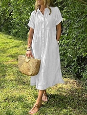 abordables Robe Rayée et Géométrique-Femmes Robe Longue Maxi Robe Robe Chemise Robe Décontractée Mode Extérieur Soirée Fête Coupe régulière Rayé Manche Courte Col de chemise Noir Blanche Jaune Rose Claire Été