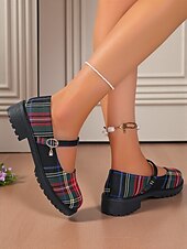 cheap Women&#039;s Flats-Women&#039;s Red Plaid Mary Jane Flats - Chunky Sole Tartan Shoes with Buckle Strap, Casual School Style for Teens and Fall Outfits