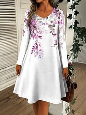 abordables Robe Fleurie-Robe courte pour femme à col rond manches longues robe décontractée robe T-shirt robe Tee robe évasée robe décontractée coupe régulière graphique floral rose bleu violet vert automne hiver