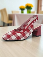 cheap Block Heels-Women&#039;s Red Gingham Slingback Block Heel Pumps - Retro Style Knit Dress Shoes for Comfortable Walking, Casual Picnic, Summer Parties, and Daily Office Wear
