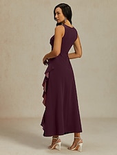 billiga Nyårsklänningar-Dam Maxiklänning Sheath Dress Plisserad klänning Volangkjol Elegant party Semiformella klänningar Bröllopsgäst Kvällsfest Gradering Ensfärgat Ärmlös Rund hals Båthals Vinröd Sommar Vår Höst