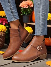 abordables Botines-Botines marrones de piel sintética para mujer: botines de tacón bajo con hebilla y cremallera lateral para salidas de otoño, paseos por el campo y uso diario.