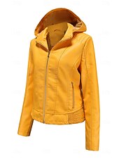 economico Giacche in finta pelle-Per donna Giacca in Ecopelle Giacca in Pile Impermeabile Confortevole Tasca Cerniera completa Foderato in pile Moda Stile da Strada Semplice All&#039;aperto Casual Quotidiano Regolare Con Cappuccio