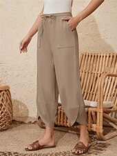 economico Pantaloni in lino e cotone semplici-Per donna Pantaloni in cotone e lino Chinos Moda Essenziale Lunghezza intera Vita Alta Semplice Tasca Coulisse Comodità All&#039;aperto Micro-elastico Vacanza Streetwear Quotidiano Esercito verde Nero Blu