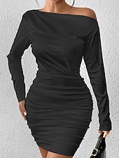 preiswerte Einfaches Kleid-Damen Minikleid Partykleid Gerafftes Kleid Mode Outdoor Party Ferien Normale Passform Einfach Langarm Schulterfrei Schwarz Sommer