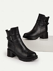 baratos Botas de tornozelo-Botas femininas de couro preto - botas de inverno de salto médio com forro de pele quente, zíper lateral e fivela para clima frio, trabalho &amp;roupas para atividades ao ar livre