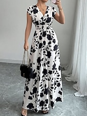 tanie Sukienki kwiatowe-Damskie Sukienka maxi Sukienka A line Urlop Codzienny Boho Na zewnątrz Wyjściowe Luźny / a Kwiaty Krótki rękaw W serek Czarny Czerwony Niebieski Pomarańczowy Lato