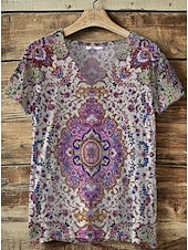 billige Boho t-skjorte-Dame T skjorte Blomstret Grafisk Paisly Bohem Årgang Stilfull Kortermet V-hals Vanlige topper Daglig Ut på byen Helg Trykt mønster Rosa Blå Lilla Grønn Sommer Vår
