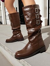 olcso Slouch Boots-Női barna műbőr térdig érő csizma tripla csatos pántokkal – western lovagló stílus őszi szettekhez, farmi napokra és szabadtéri viseletre