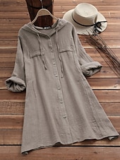 baratos Camisas-Mulheres Blusa Côr Sólida Casual Manga Longa Com Capuz Tops longos Diário Bolsos Botões Amarelo Vinho Fúcsia Cinzento Verão Outono