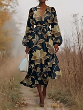 abordables Robe Fleurie-Femmes Robe Midi Robe Décontractée Mousseline de Soie Robe évasée Moderne Vacances Quotidien Week-end Coupe régulière Fleuri manche longue Col en V bleu marine Bleu Bleu de minuit Été Printemps
