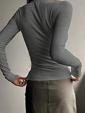 preiswerte Einfarbiges T-Shirt-Damen Bluse Einfarbig Stilvoll Basic Lässig Langarm Rundhalsausschnitt Normale Oberteile Täglich Knöpfe Schwarz Weiß Rosa Grün Grau Sommer Frühling Herbst