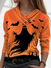 abordables Hauts d&amp;#39;Halloween-Halloween Femmes T-shirt ancien Élégant Occasionnel manche longue Col en V Hauts Réguliers Quotidien Boutons Imprimé Noir Jaune Orange Automne Hiver