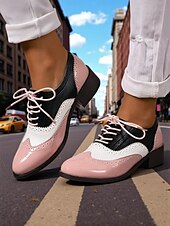 abordables Années 1950-Richelieus Oxford en cuir verni jaune pour femme – Chaussures habillées à lacets et bout golf colorblock, style vintage britannique des années 1950 pour le bureau, l&#039;école et le streetwear
