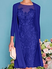 preiswerte Mit Jacke-Zweiteiliges Schlauchkleid Strandhochzeit Mutter der Braut Hochzeitsgast Elegant Juwelen-Ausschnitt knielang Chiffon Spitze 3/4 Ärmeln mit Wrap eingeschlossener Jacke Kleider mit Perlenapplikationen