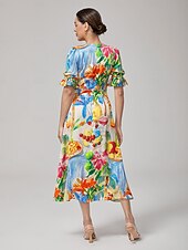 abordables Robes décontractées-Femmes Féminin Robe Décontractée Robe Midi Arc-en-ciel Manche Courte Floral Été Printemps Inter-saisons Col en V Vacances Bohème XS S M