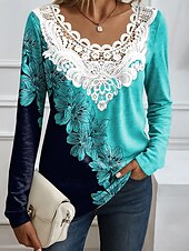 preiswerte Blumen-T-Shirt-Ostern Damen Bluse Blumen Grafik Pflanzen Elegant Mode Langarm V Ausschnitt Rundhals Normale Oberteile Täglich Ausgehen Wochenende Spitze Patchwork Druck Weiß Gelb Rosa Blau Sommer Frühling Herbst