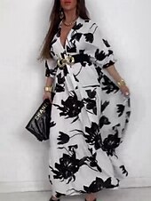 voordelige Casual bloemenjurken-Dames Halflange jurk Jurk met print Modieus Modern Buiten Vakantie Feestdagen Normale pasvorm Bloem 3/4 mouw V-hals Zwart en Wit Herfst