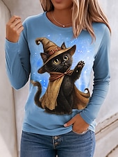 olcso Halloween felsők-Mindszentek napja Női Póló Grafika Cica Szüret Stílusos Klasszikus Hosszú ujj Terített nyak Normál felsők Napi Nyomtatott Medence Bíbor Lóhere Khakizöld Tavasz Ősz