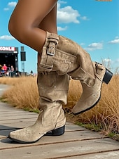 abordables Cowboy et bottes occidentales-Bottes de cowboy en daim souples pour femmes - Bottes mi-mollet à boucle western avec talon bas, chaussures d&#039;équitation décontractées pour l&#039;extérieur et les festivals de musique