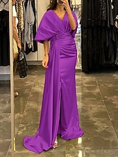 cheap YELLOW-Sheath Evening Gown Elegant Dress Formal Sweep / Brush Train Half Sleeve V Neck Satin with Pleats Ruched Crystals