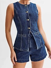 cheap Women&#039;s Blouse Suits-Women&#039;s Active Fashion Blouse Shorts Sets Sleeveless Crew Neck Solid Color Split Thigh Vacation Casual Daily Blue Summer Regular Fit