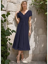 cheap Tea Length-A-Line Mother of the Bride Dress Formal Wedding Guest Elegant Simple Minimalist V Neck Tea Length Chiffon Short Sleeve with Pleats Ruched
